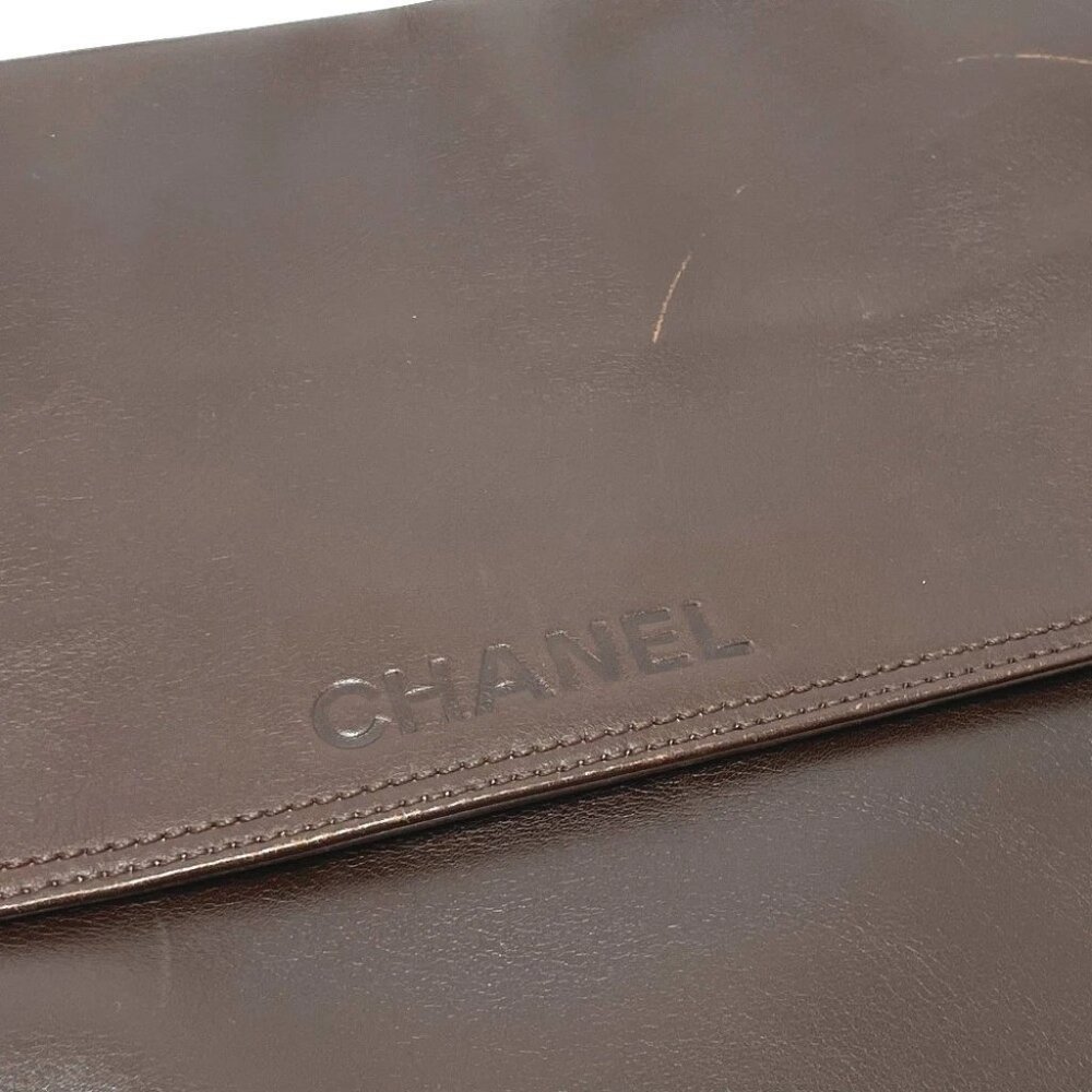CHANEL Logo Sacosh Shoulder Bag Lambskin Leather Brown - Picture 7 of 13